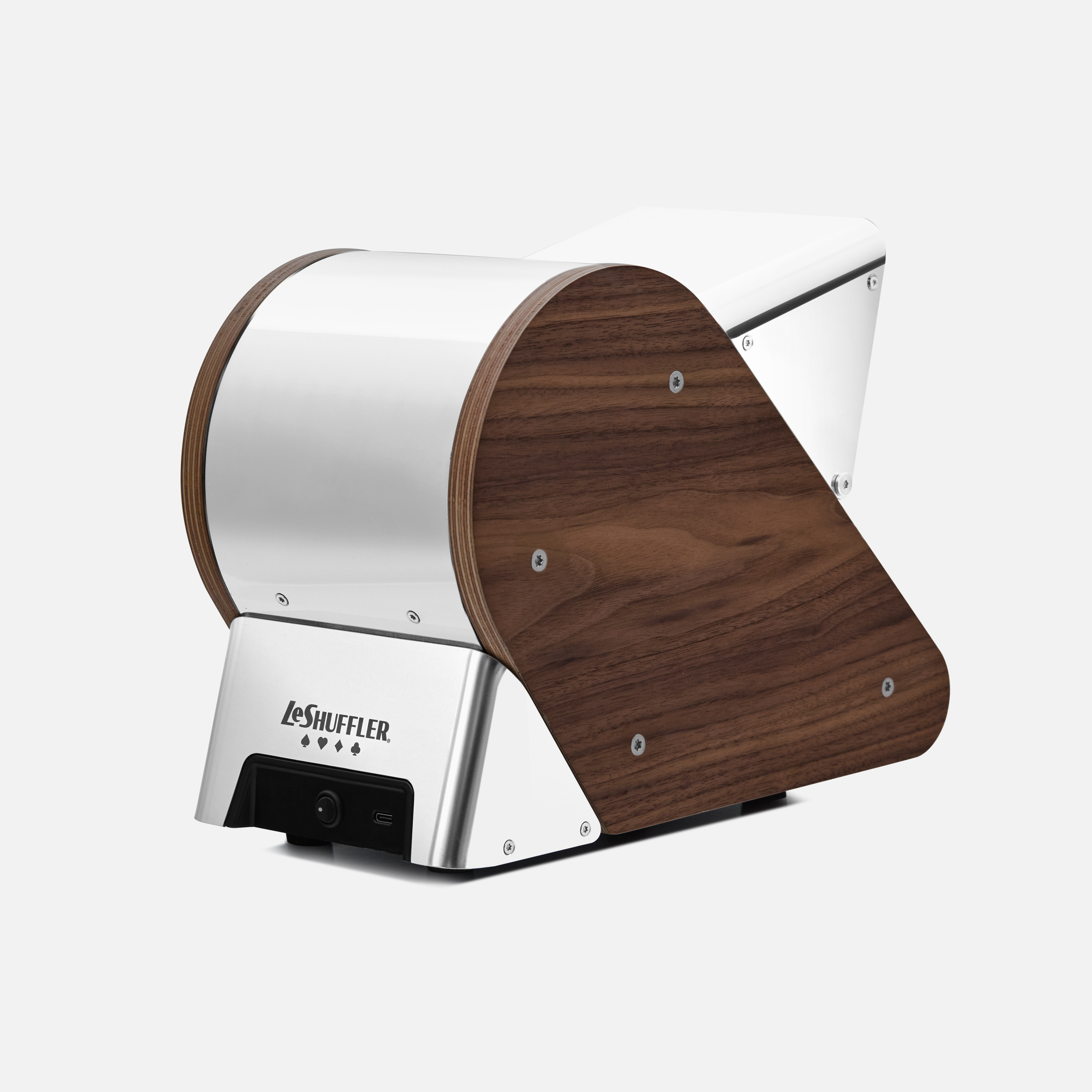 LeShuffler automatic card shuffler, stainless steel and wood with digital display, 3/4 back view