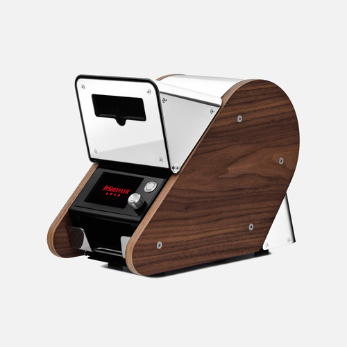 LeShuffler automatic card shuffler, stainless steel and wood with digital display, 3/4 front view