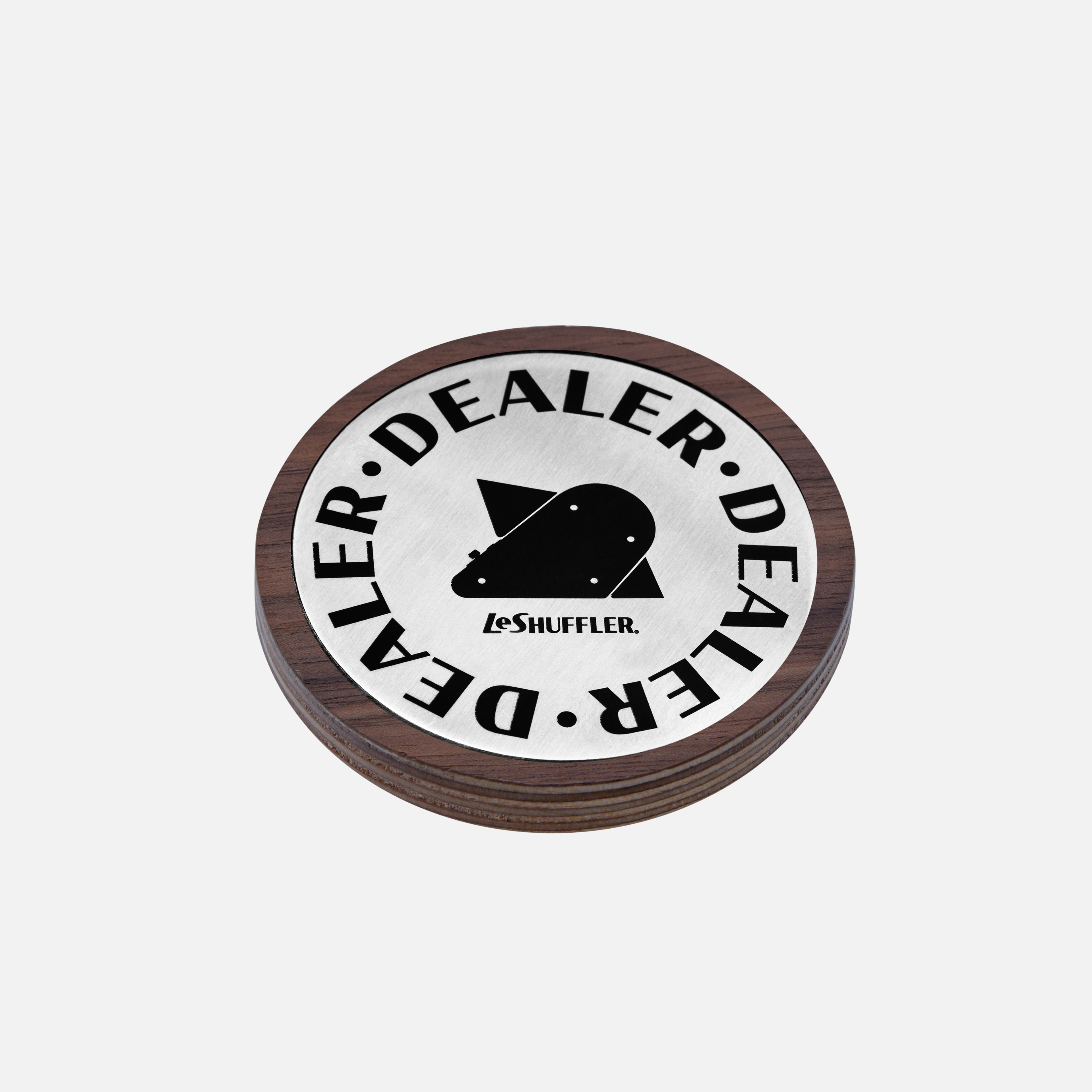 LeShuffler wood and metal dealer button