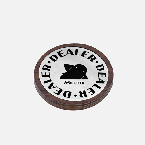 LeShuffler wood and metal dealer button