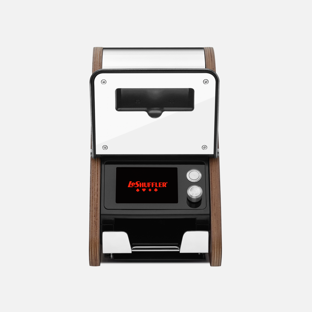 LeShuffler automatic card shuffler, stainless steel and wood with digital display, front view