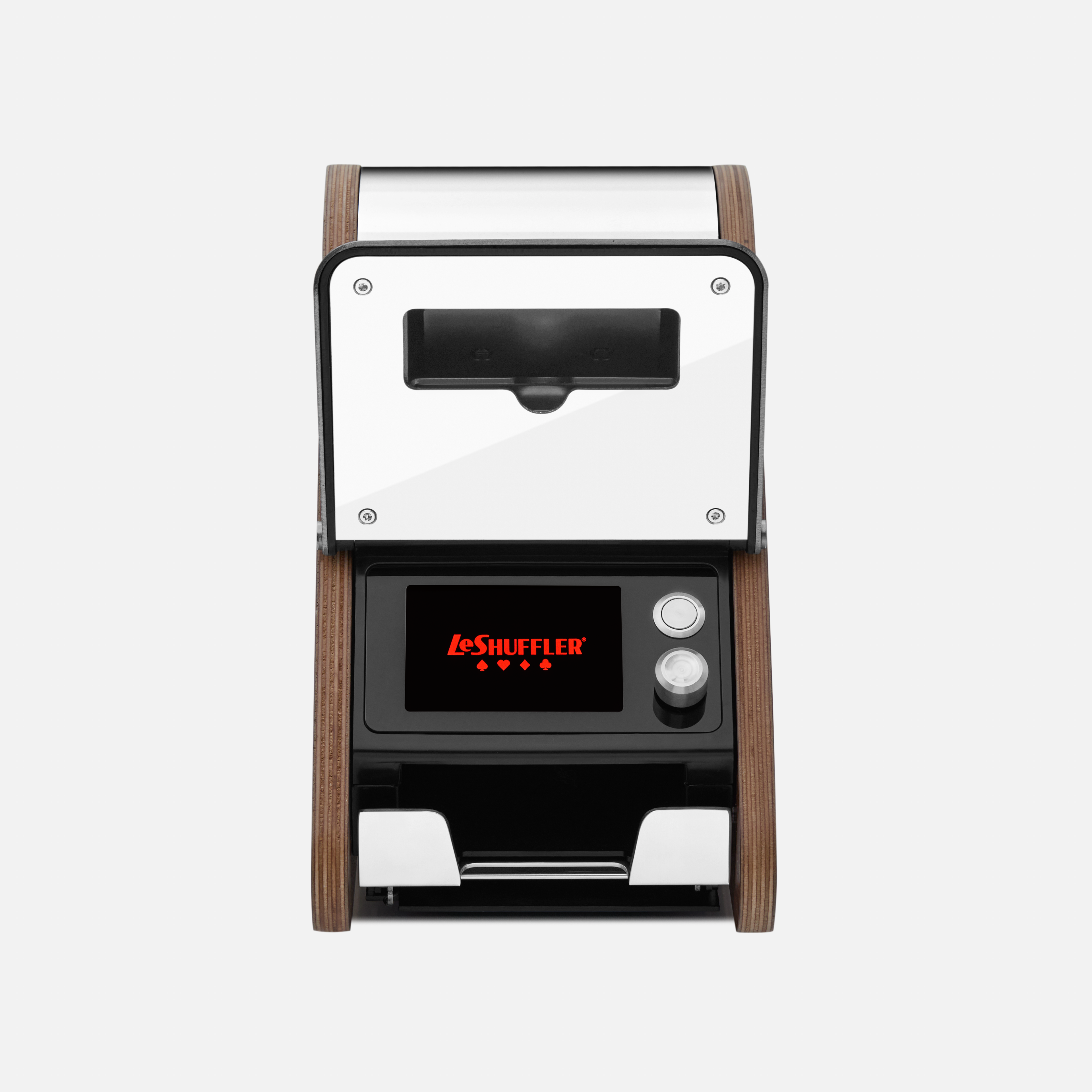 LeShuffler automatic card shuffler, stainless steel and wood with digital display, front view